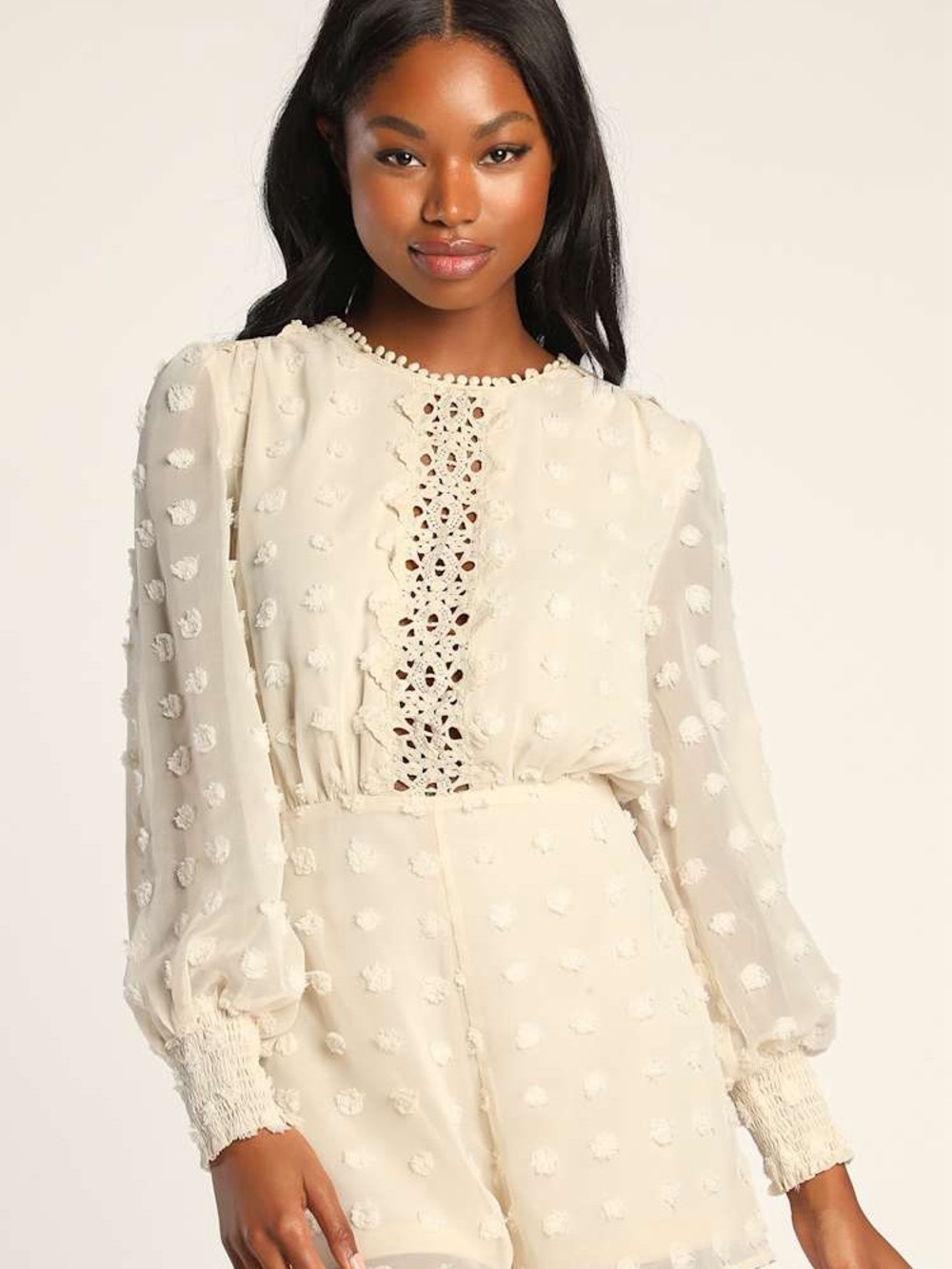 Lust or Love Ivory Lace Clip Dot Long Sleeve Romper